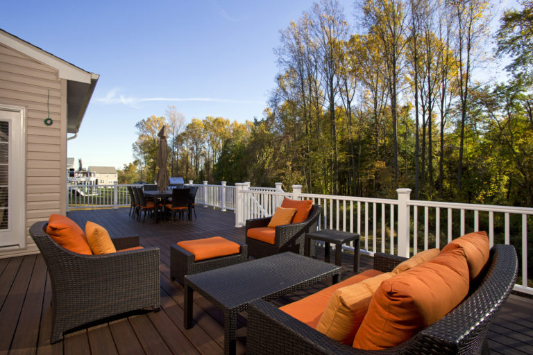 Multi-level deck with built-in seating and ambient lighting