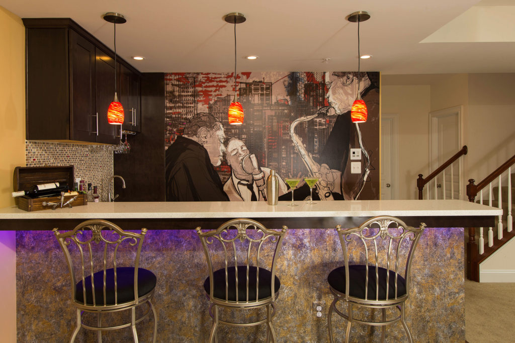 Custom basement bar with LED accent lighting